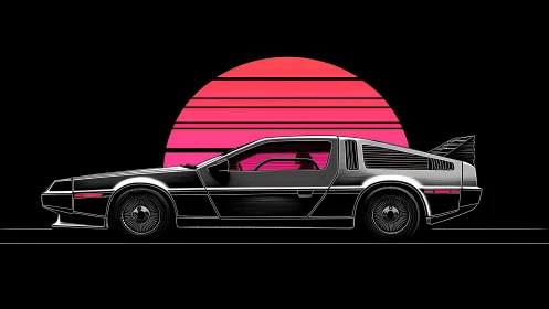 Retro sports car silhouette against neon sunset horizon.
