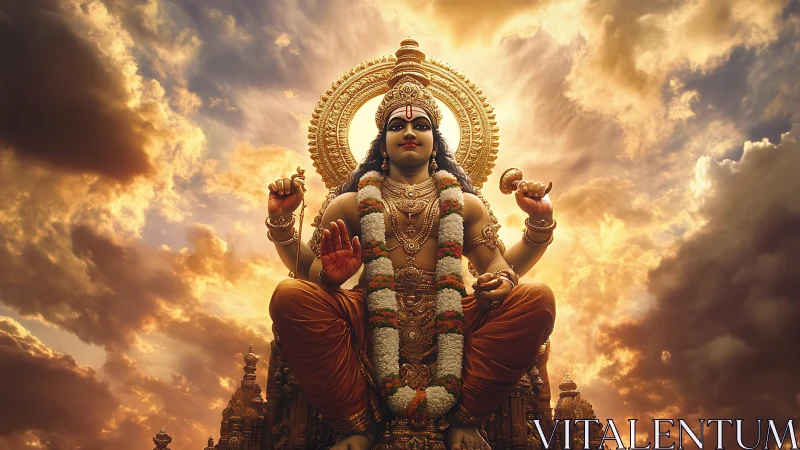 Seated Hindu deity statue before dramatic illuminated sky.