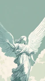 Soaring marble angel rises against muted teal heavens.