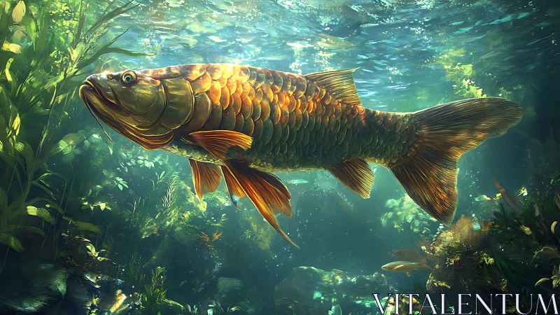 Digital painting of golden fish in luminous aquatic forest.