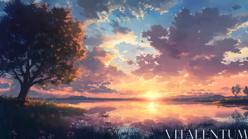 Painterly lakeside sunset unifying warm gradients and silhouette