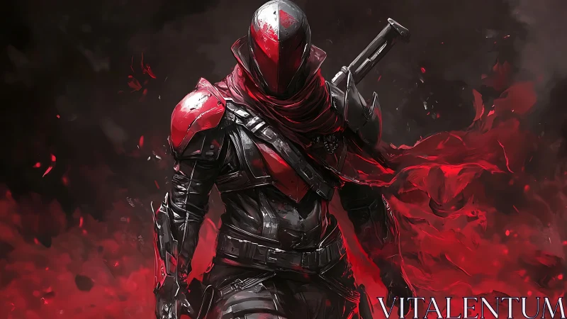 Scarlet armored assassin strides through burning crimson haze.