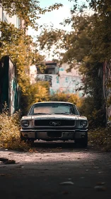 Classic coupe parked in overgrown urban alleyway setting.