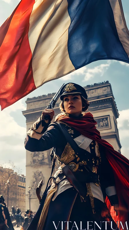 Revolutionary hero raises French flag before Arc de Triomphe.