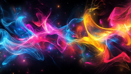 Colored light trails intersect across a dark cosmic field