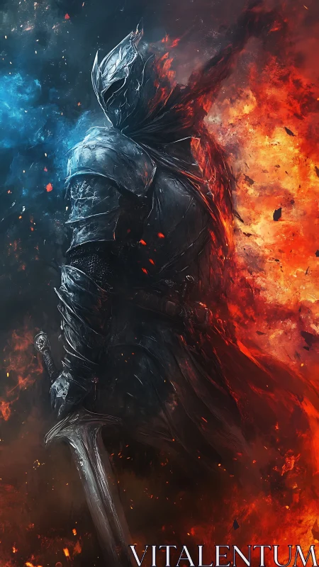 Armored swordsman between blue energy and fire field.