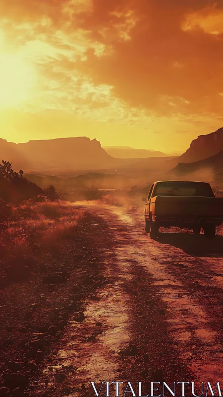 Pickup truck on dusty desert track under low sun.
