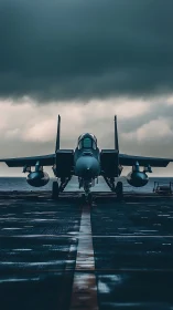 Stormy sky welcomes a sleek fighter jet on carrier deck