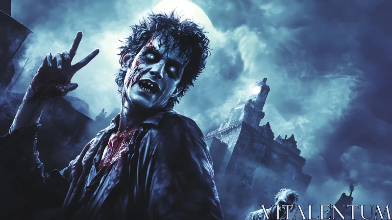 Ghastly zombie under full moon haunts ruined mansion grounds.