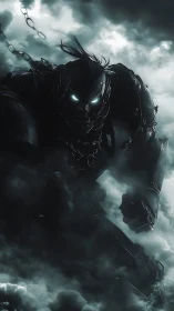 Stormbound cyber knight emerging from swirling clouds.