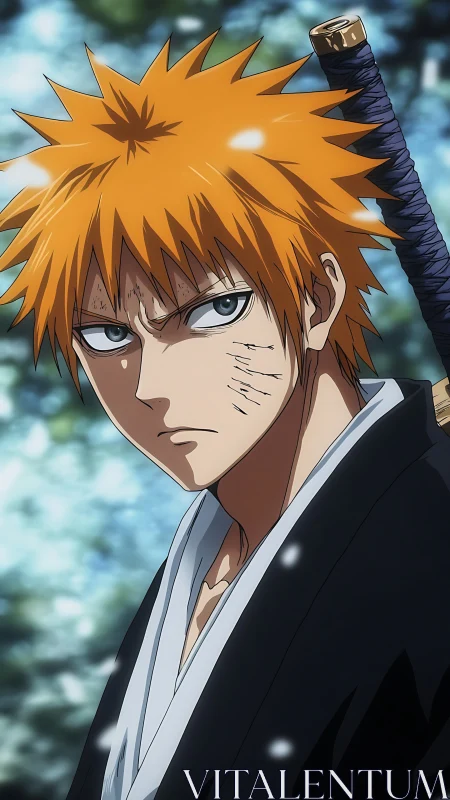 Orange-haired anime swordsman with scarred serious stare.