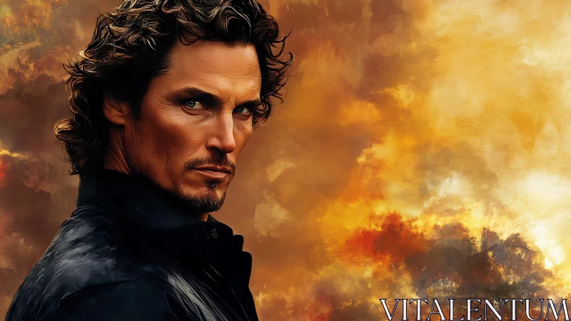 Storm-eyed wanderer framed by molten sunset clouds.