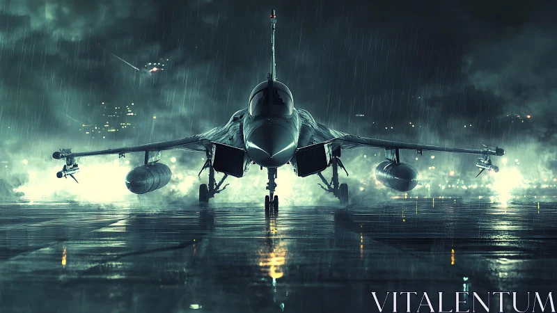 Military jet on wet runway at night in heavy rain.