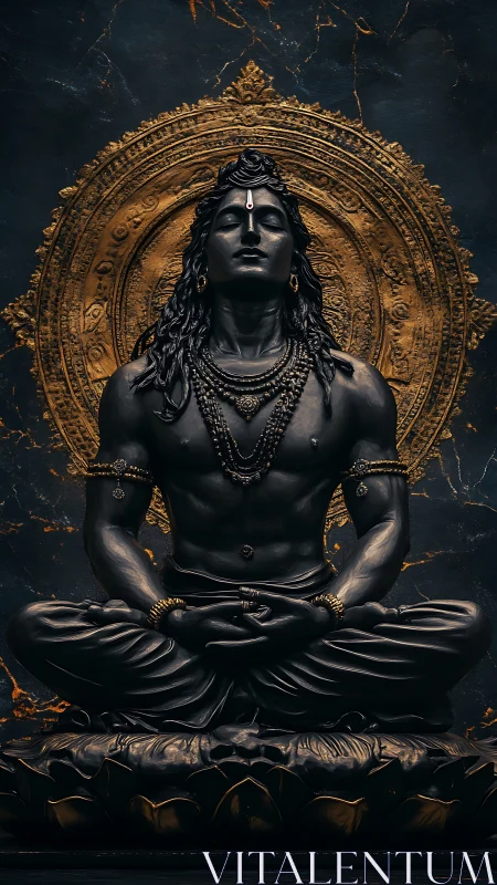 Serene Shiva statue rests in meditative golden radiance