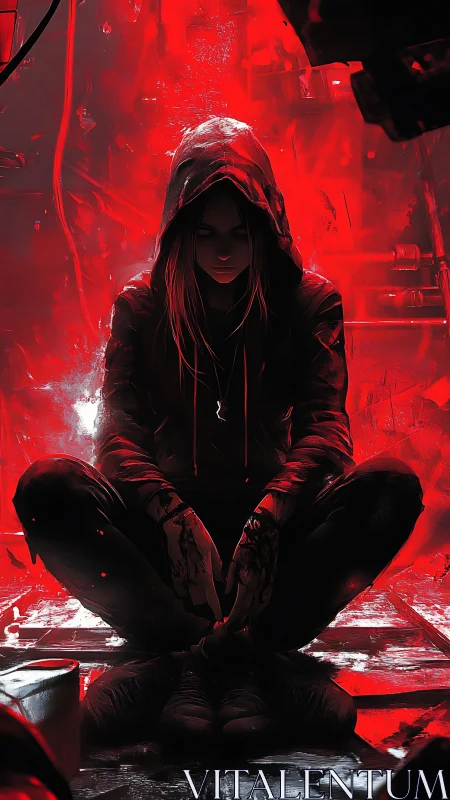 Hooded figure seated cross legged in red digital environment.