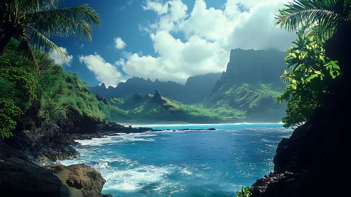 Tropical coastal valley framed by lush vegetation and ocean.