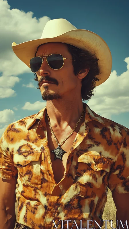 Man in patterned shirt and cowboy hat stands under daylight sky
