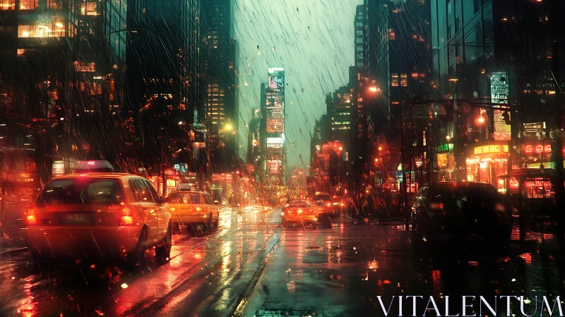 Neon taxis crossing rain slicked avenue in nocturnal cityscape.