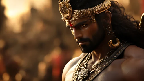 Stylized warrior portrait with ornate gold crown and armor.