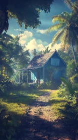 Tropical Cottage Among Palm Groves Under Blue Sky
