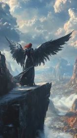 Winged armored figure overlooking vast mountain valley.