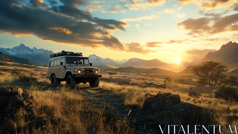 Sunlit off-road adventure explores a wide golden valley