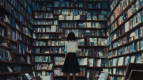 Quiet girl adrift in towering library maze of unread worlds.