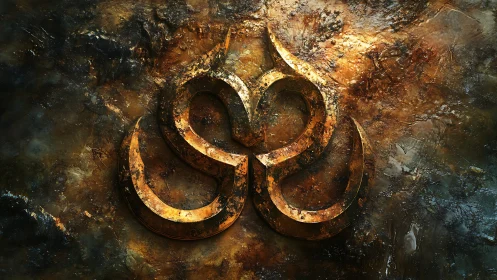 Bronze entwined emblem emerges from eroded, textural patina