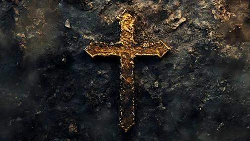 Burnished golden cross blazing from charred stone dusk.