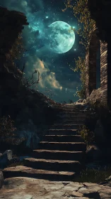 Moonlit stone stairway quietly climbs into the star-flecked sky