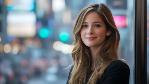 Professional portrait against urban bokeh with shallow depth of field