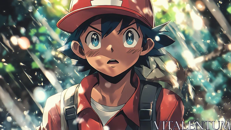 Anime boy with red cap stands in forest under dappled light