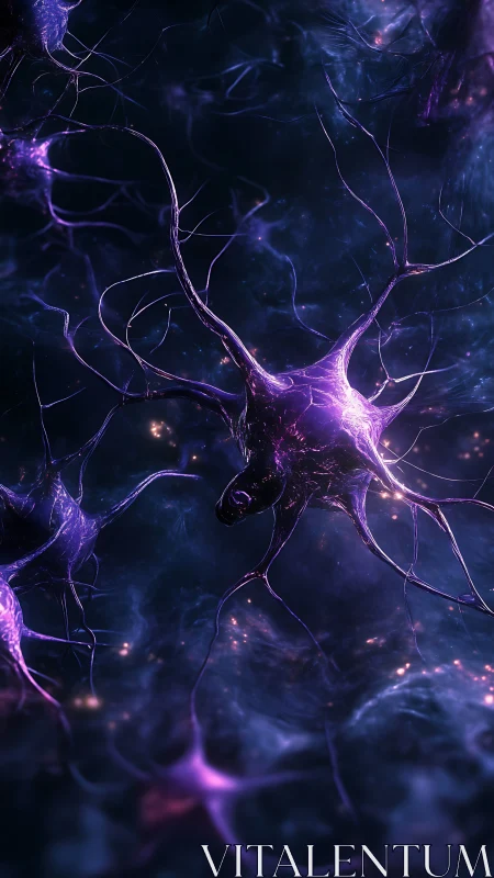 Neural network synapses glowing in deep violet bioluminescence.