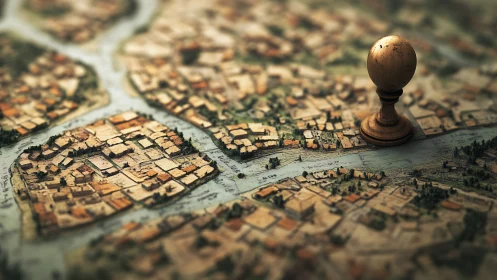 Vintage city map unfolds with wooden globe marker poised.