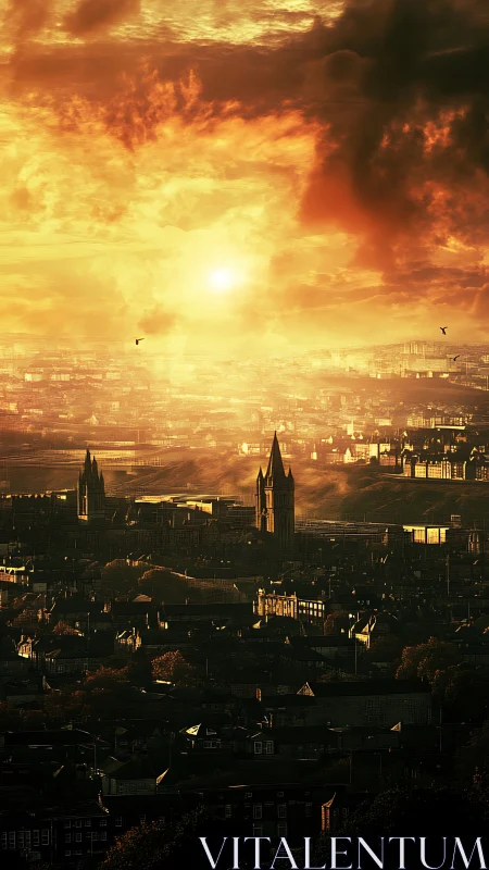 Sunlit urban skyline recedes beneath dense stratified clouds