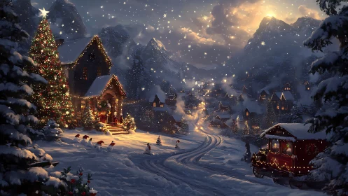 Snowy Christmas village glows under a starlit winter sky