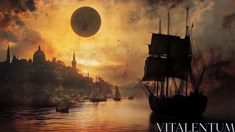 Tall ship silhouette crosses eclipse-lit harbor under textured sky