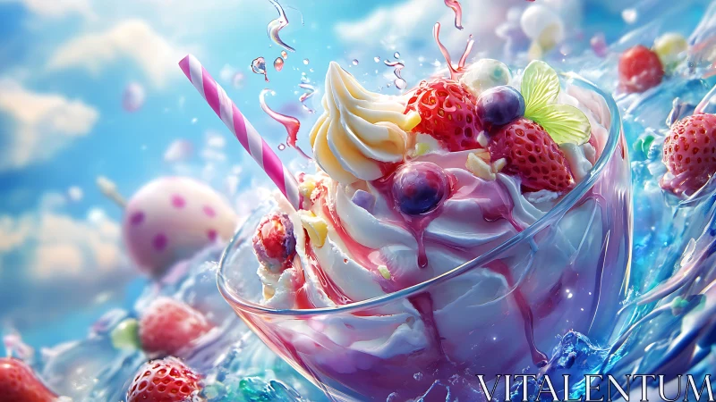 Vibrant fruit sundae swirling in luminous blue splash.