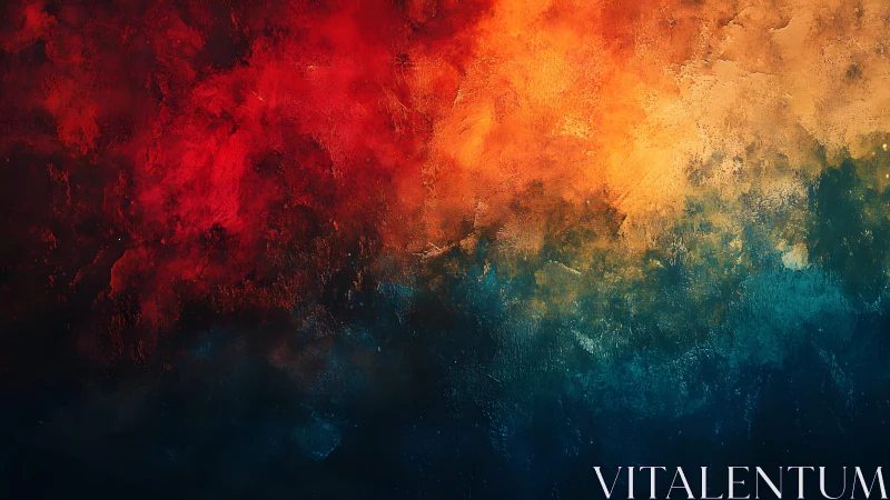 Vivid Abstract Painting with Red, Orange, and Blue Textures.
