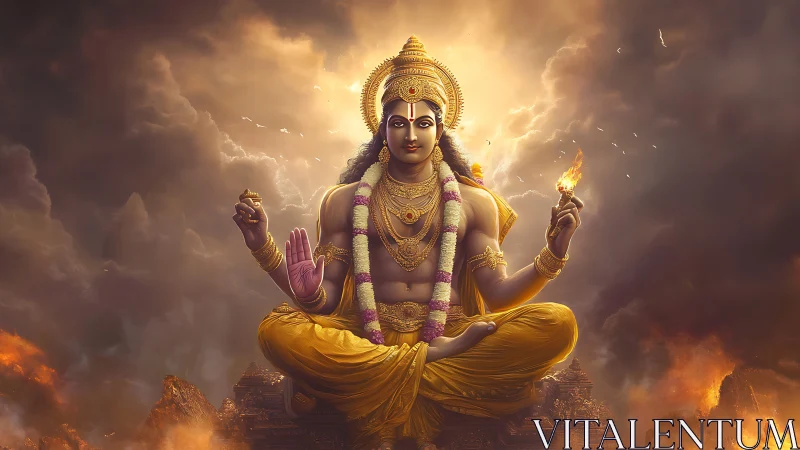 Radiant divine figure sits in golden light above stormy clouds