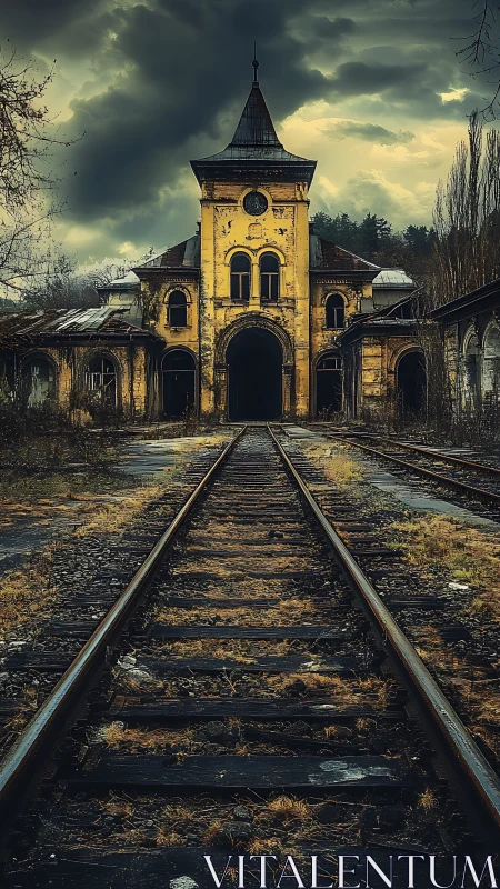 Abandoned railway station looms under dark storm clouds.
