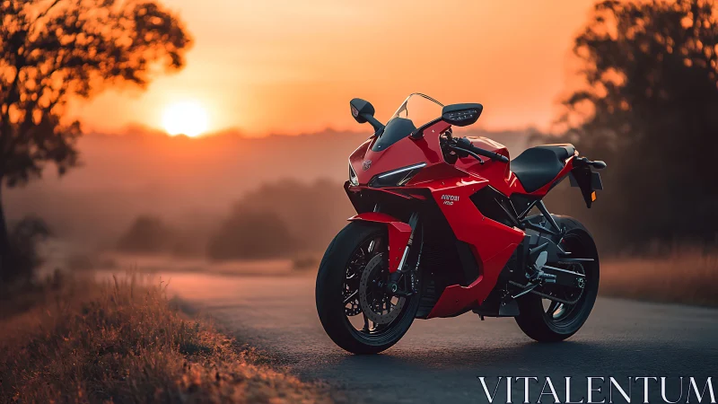 Red sport motorcycle parked on rural road at sunset.