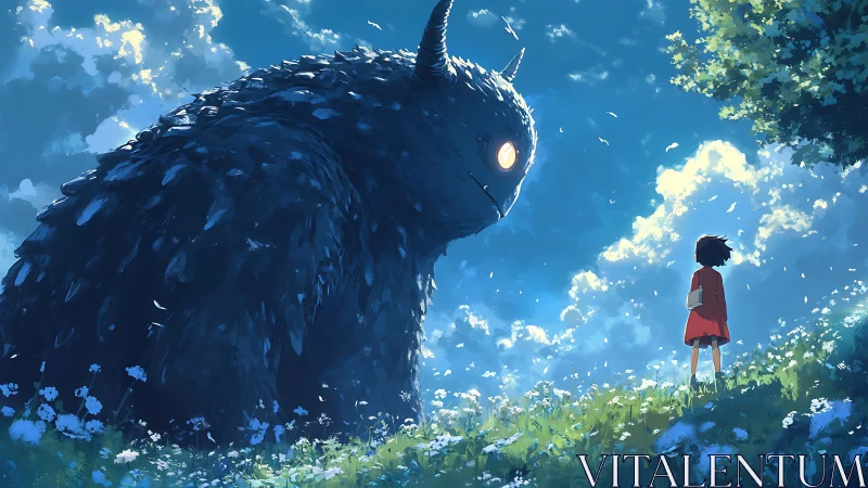 Gentle moonlit monster quietly meets a brave child in bloom