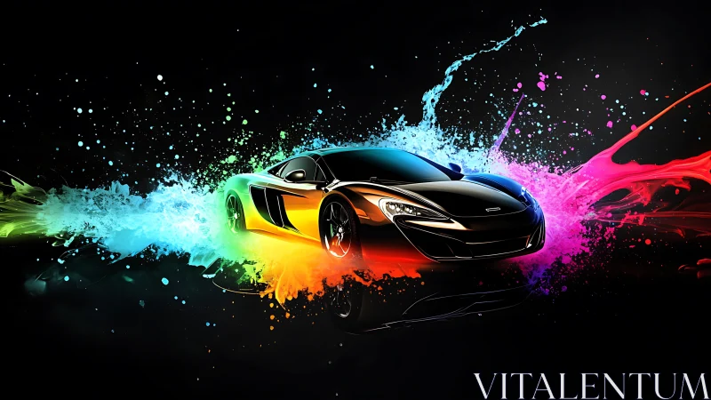 Color-charged sports car bursts through glowing paint clouds
