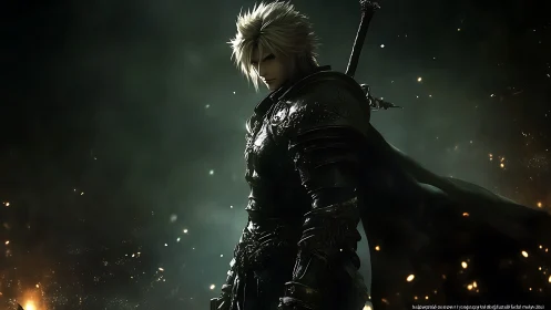 Armored swordsman emerging from chiaroscuro haze in battle-ready stance