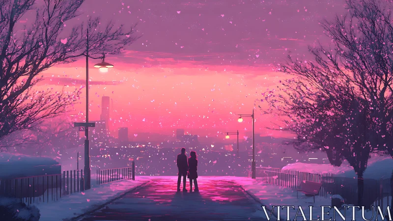 Urban Overlook at Dusk. Two Figures Observe Cityscape Lights.