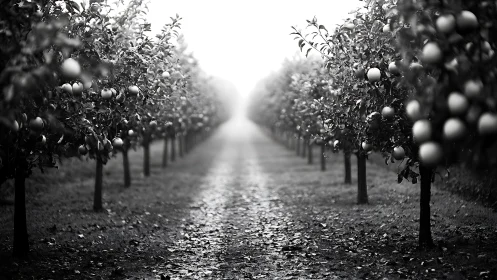 Monochrome orchard path lined with fruit trees in foggy light.