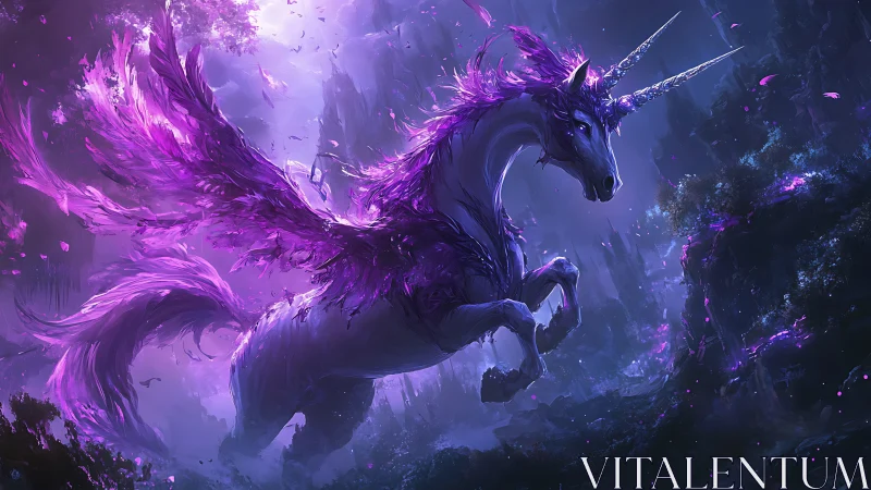 Majestic purple winged unicorn in glowing fantasy forest.