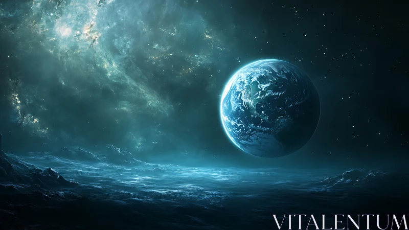Planet over alien ocean beneath luminous galactic storm.