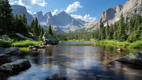 Alpine mirror lake cradles pine forests and colossal peaks.